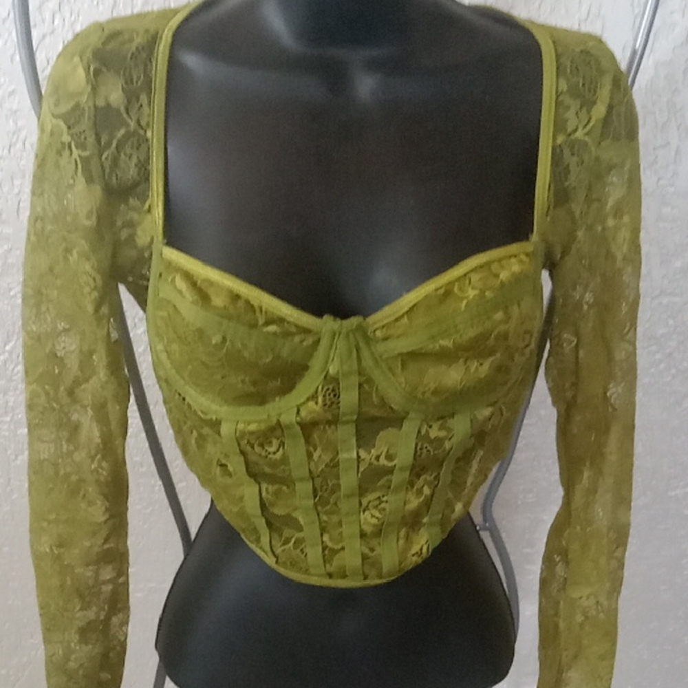 SHEIN Olive Green Corset Crop Top with Long Sleeves and Sweetheart Neckline